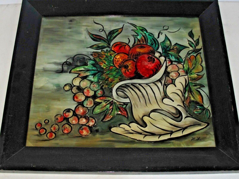 Antique Reverse Painted on Glass Cornucopia with Fruit Framed Picture