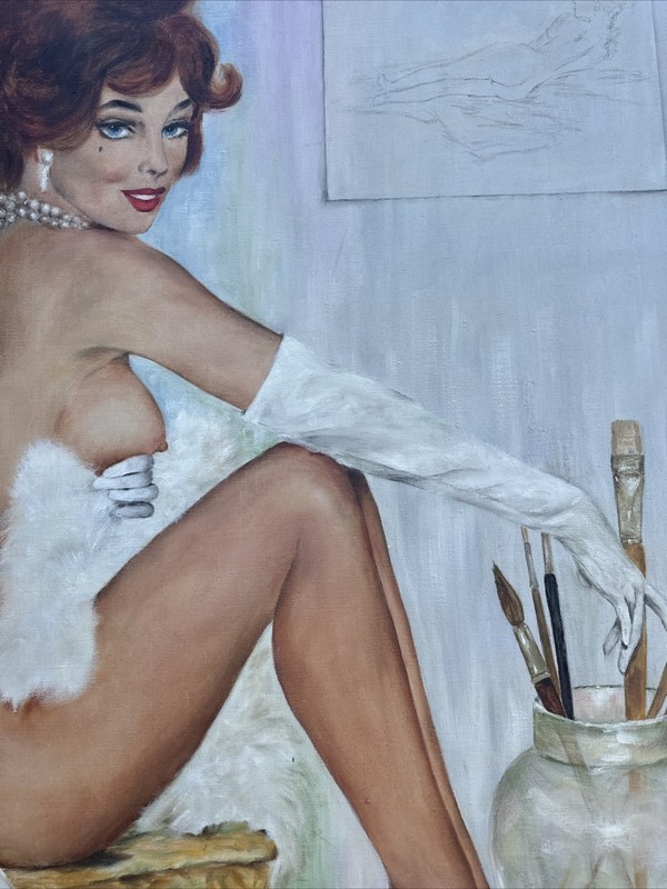 LARGE PAINTING SIGNED JOHNSON PRETTY WOMAN FEMALE MODEL ARTIST STUDIO PINUP OIL gallery