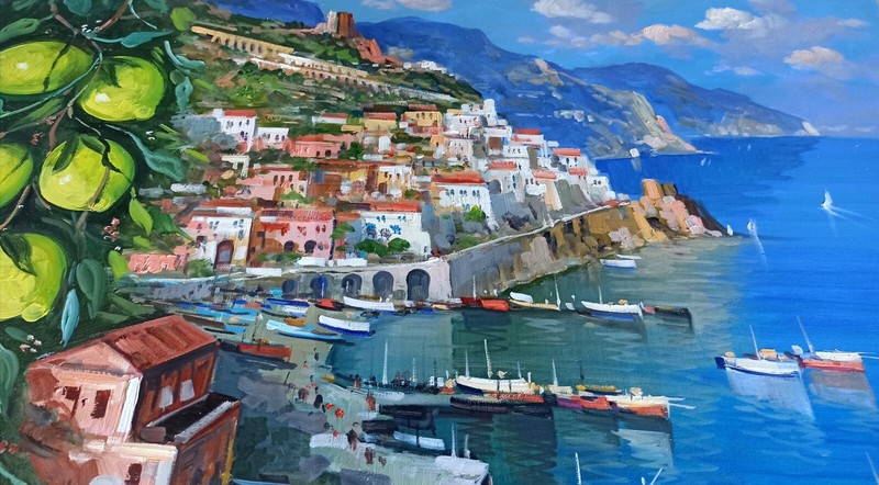 🟩⬜ 🟥 AMALFI PAINTING LEMONS SEASIDE SOMMA ART ITALIAN Amalfi-Gemälde malerei gallery