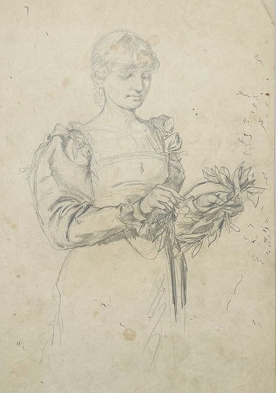 Hermann Schneider woman with flower wreath in hands drawing drawing 1880