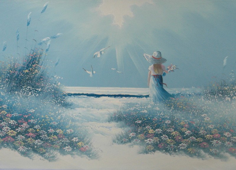 ORIGINAL OIL PAINTING 1970-1989 Realism Signed 20″x 16″ FIGURE ON THE BEACH