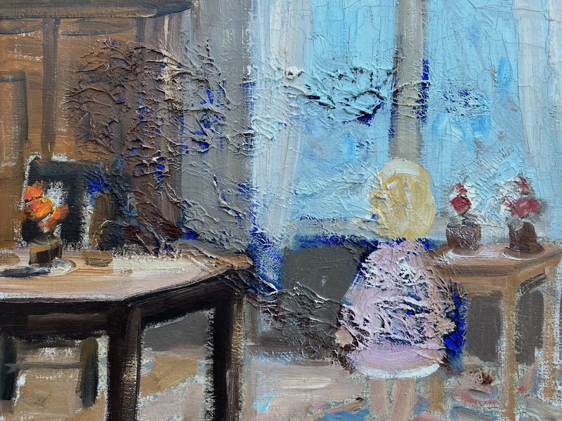Åke Wickström 1927 Interior with Figure Girl Room Furniture Window Flowers Table gallery