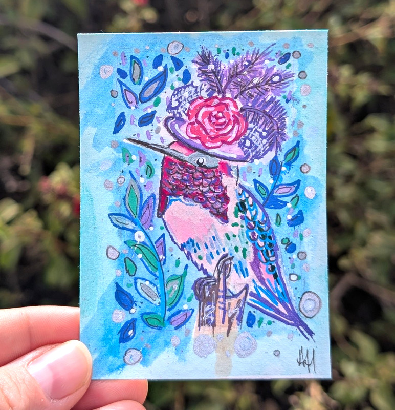 Original ACEO Hummingbird Derby Hat Pink Rose Painting Whimsical Bird Art Card