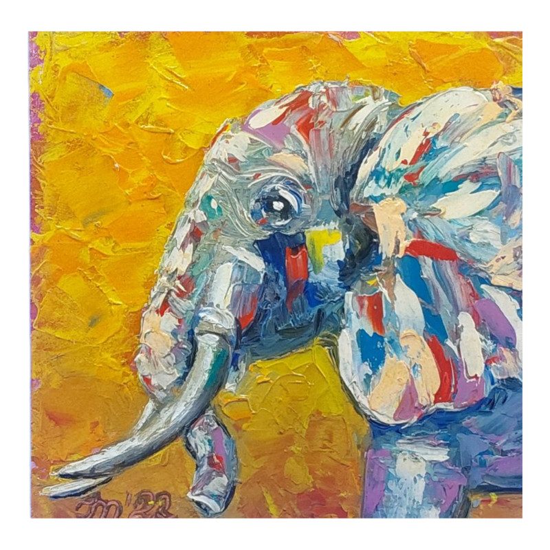 Baby Elephant Portrait Original Oil Painting Textured Animal Art 6×6 Wall Art