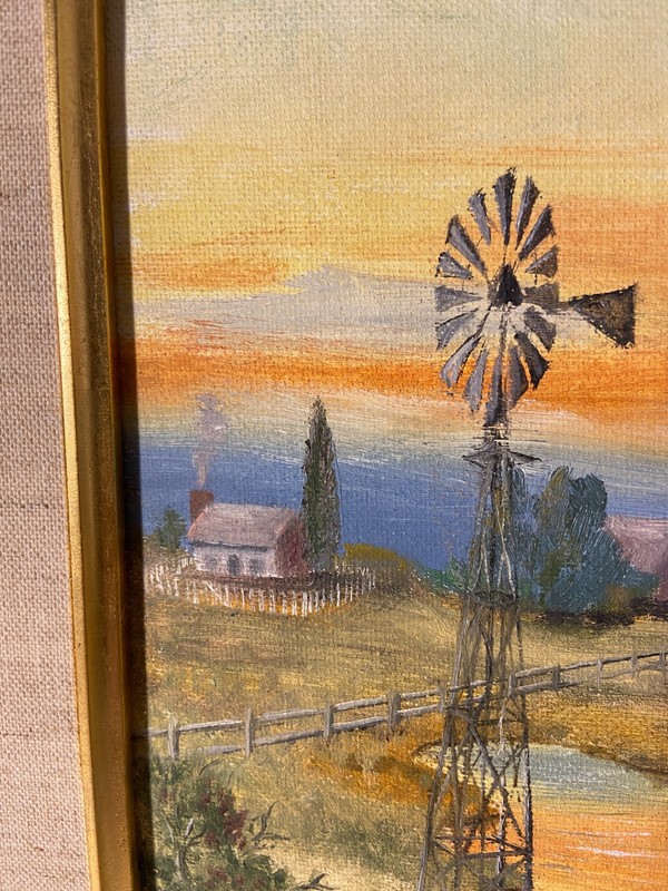 Vintage Red Barn Farmhouse Windmill Oil Painting Artist Gladys Love 11” X 13” gallery