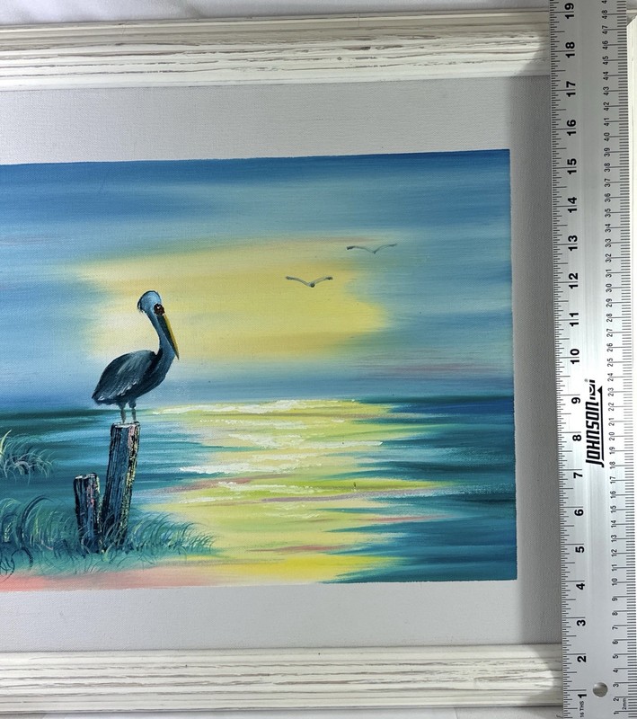 Original Coastal Pelican Sunset Painting Signed Ray Beach Seascape Art 23x19.5 gallery