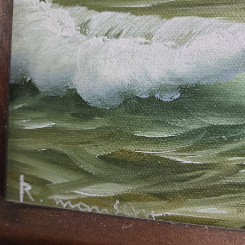 Vintage mid-century seascape oil painting, signed by artist Waves Seagulls 13in gallery