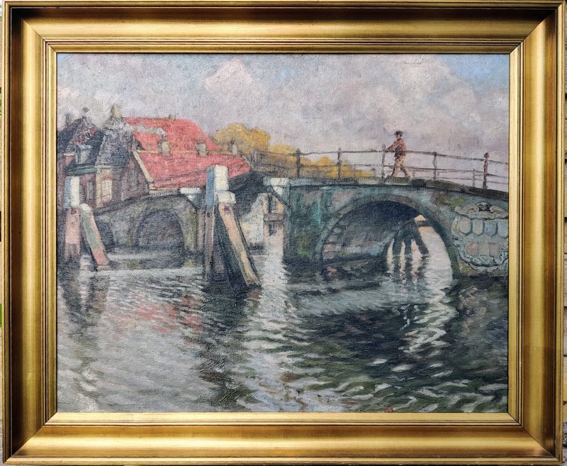 MAN LOOKING AT FLOWING RIVER FROM A BRIDGE, vintage oil painting