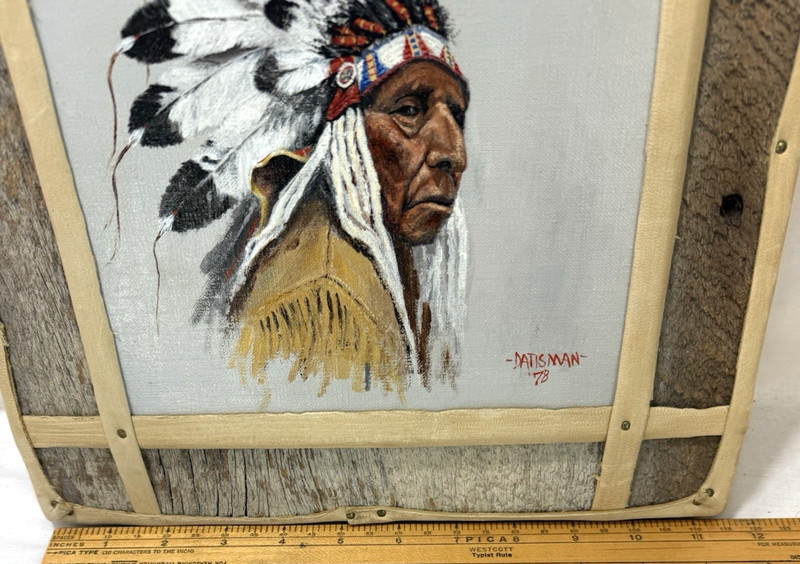 Orignal Painting Cheyenne Indian Chief Jack Datisman Wood Leather Frame 1978 gallery