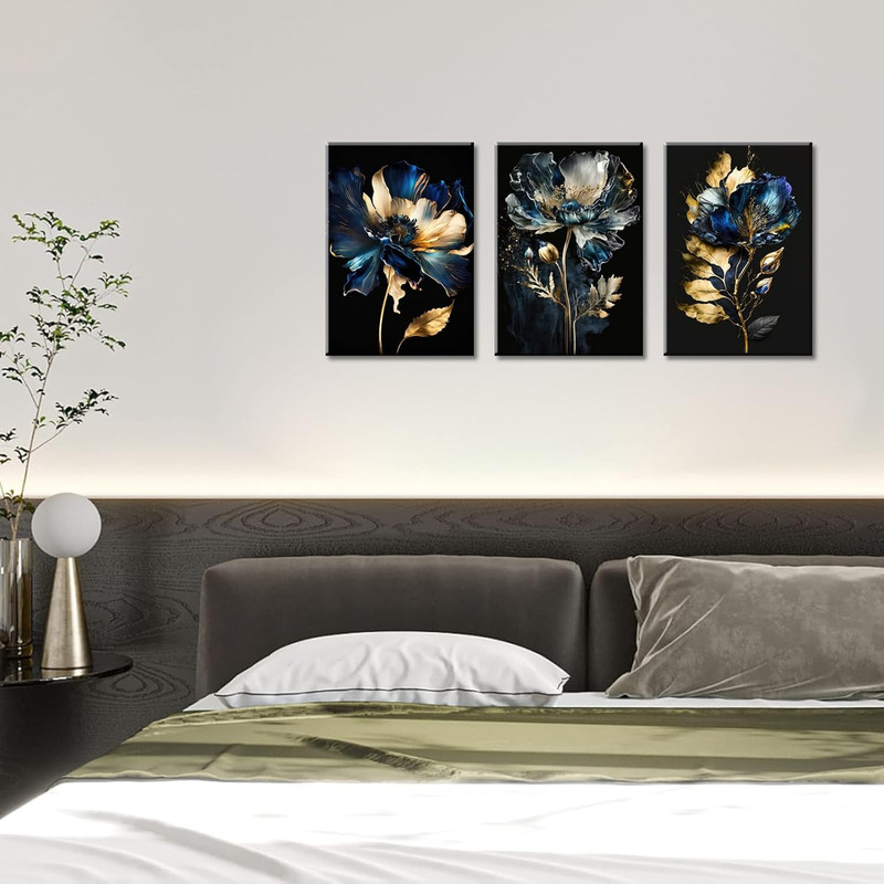 Blue and Gold Abstract Flower Canvas Art Set of 3 for Modern Home Decor gallery