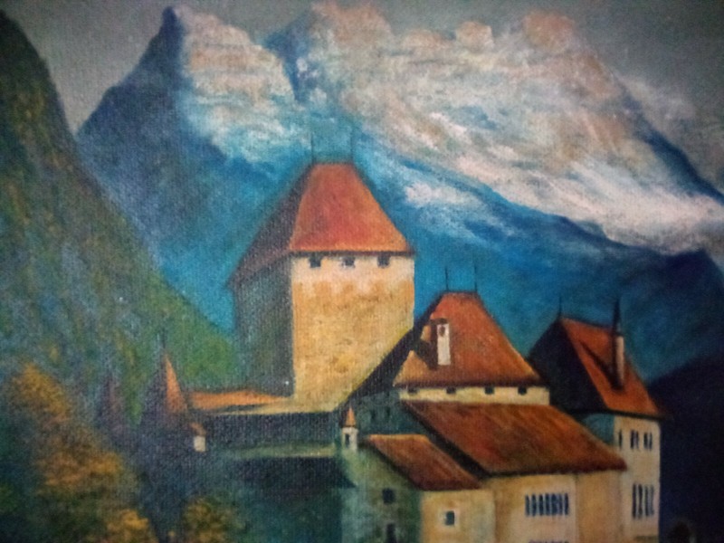 Chillon Castle antique oil painting signed colors painting is before 2 wars old gallery