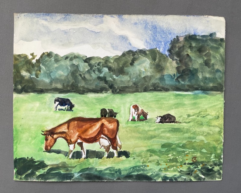 Meadow Cows, Watercolor Signed André Chapitel, Landscape, 20th Century