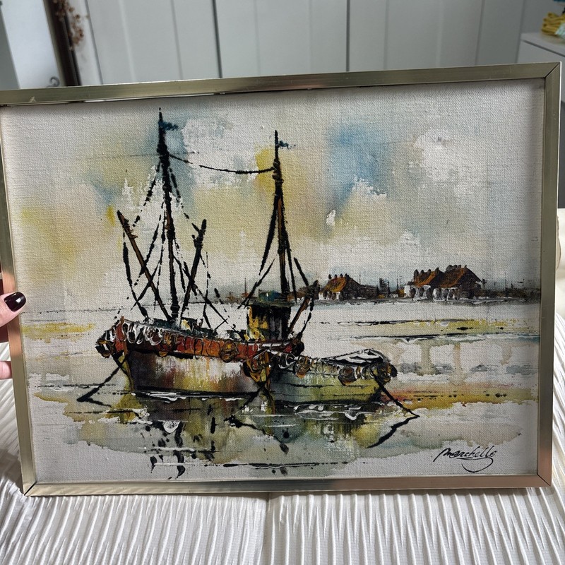 Signed Marchello Abstract Seascape Harbor Boats Oil Painting Framed Canvas