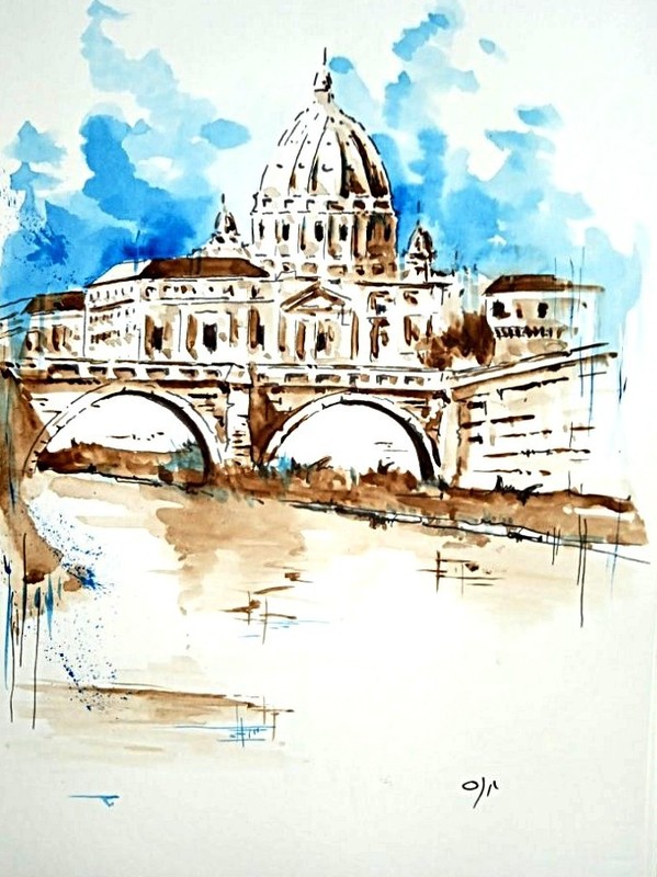 Watercolor hand painted signed Roma SAN PIETRO art on cardboard 20x30cm
