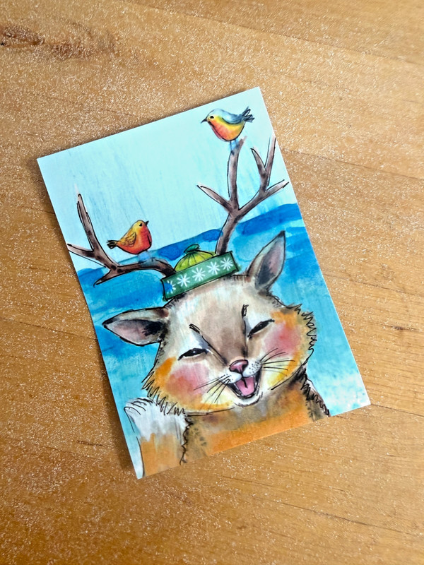 Original Fox ACEO Watercolor Painting Birds Whimsical OOAK Mini Art gallery