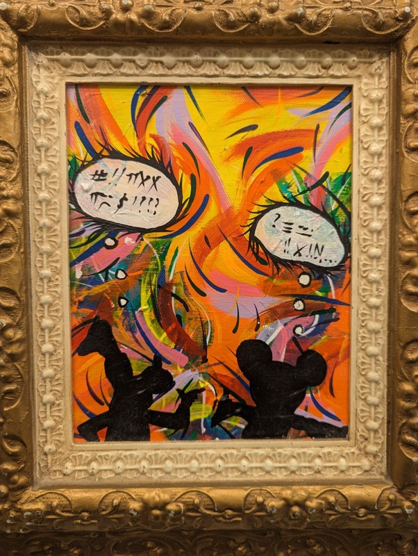 Colorful Disney-theme framed painting on canvas–Mickey and Goofy–Artist?? gallery