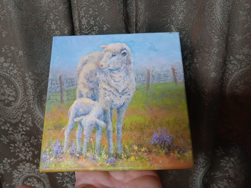 Vintage Small Oil Painting Signed Ann Anspach Sheep & Lamb Decor Cottagecore