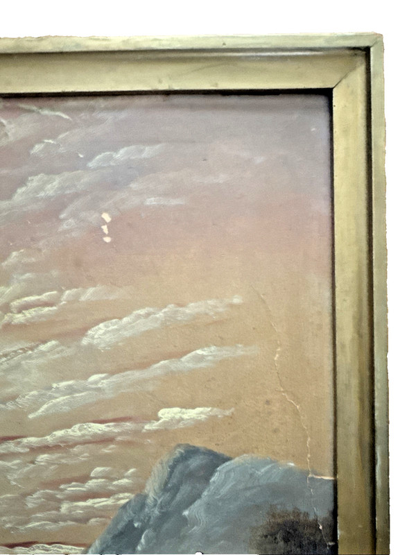 Vintage Signed Oil on Board Landscape 21x17 Framed Mountain Lake Cottage Art gallery