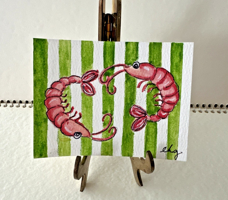 Original Watercolor ACEO Art Card – SHRIMP PREPPY ART