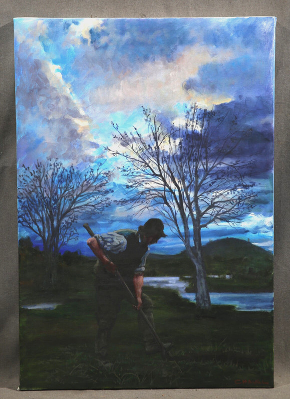 Man Digging Sunrize Landscape Painting Contemporary Oil Shepherd Farmer Work