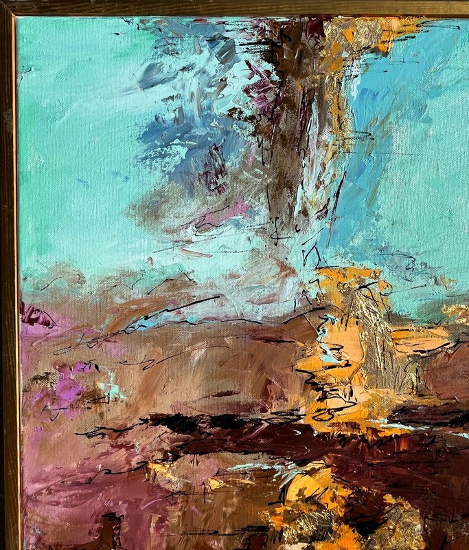 ABSTRACT MODERNIST LANDSCAPE PAINTING W/ GOLD LEAF SIGNED DIANA MULDER? 24" gallery