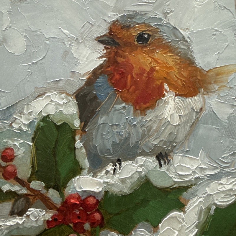 Robin Bird In Winter Impressionist Original Painting On Panel 6 X 6 IN gallery