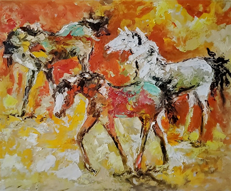 ANDRE DLUHOS Western Wild Horses Equine Desert Heat Original Art Oil Painting