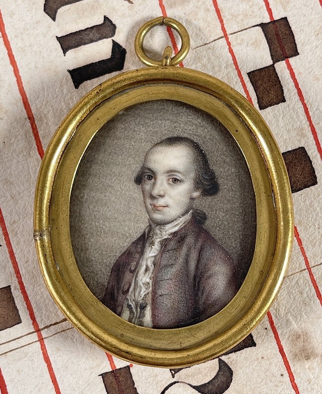 Antique Miniature Portrait Painting 18th Century German Austrian Man Baroque