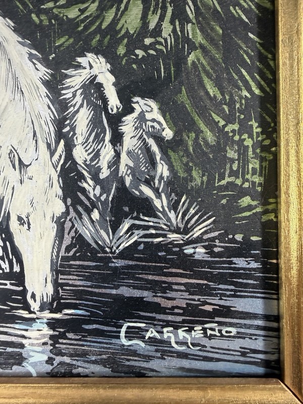 Vintage Framed Carreno Signed White Horses River Forest Painting Canvas Art gallery
