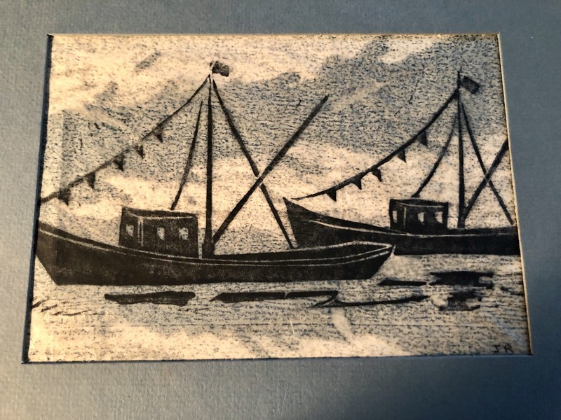 Vintage Block Print Fishing Vessels Going Out To Sea Cobalt Blue/ Black 8”x10”