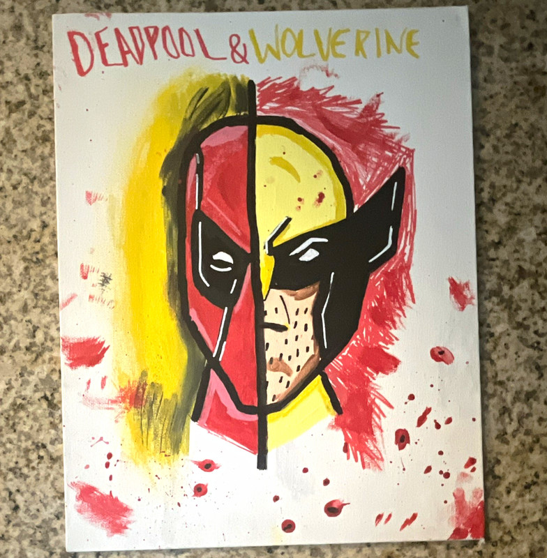 11x14Deadpool & Wolverine Split Face Cartoon Painting, Unframed Comics Movie Art
