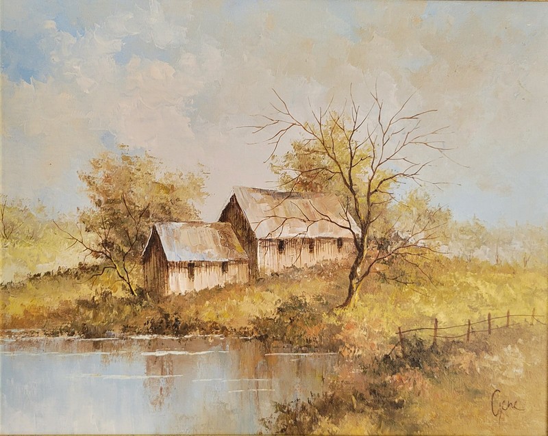 VINTAGE FRAMED COUNTRY COTTAGE LANDSCAPE OIL PAINTING 39 x 49CM SIGNED GENE gallery