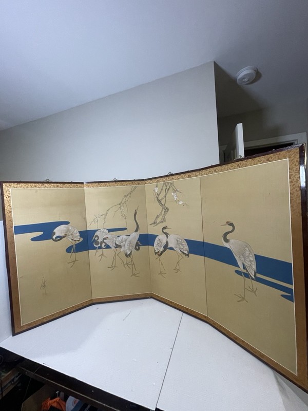 Byobu Japanese Showa Four-Panel Screen of Red Crowned Cranes