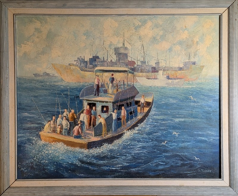 34″ Vintage Huntington Beach Abstract Modern Impressionist Painting fishing boat