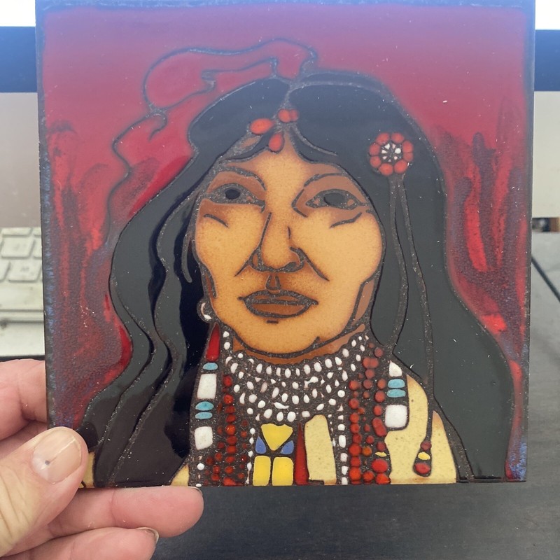Hand Painted ??? Indian Woman. Real Nice Center Piece For Any Room. Two Tiles