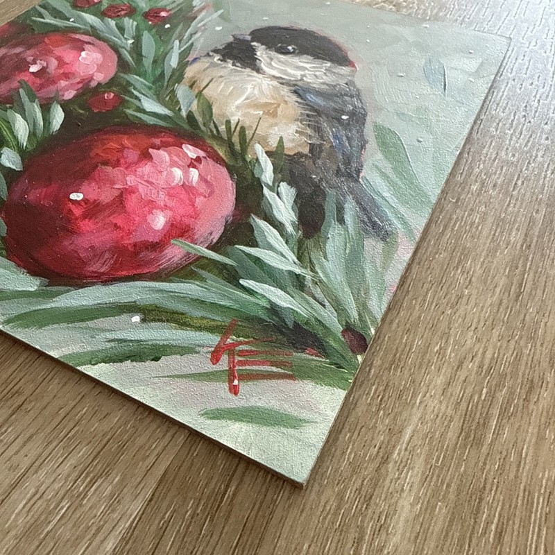 Chickadee Bird Festive decor Original Painting On Wood Canvas 6 X 6 Inches gallery