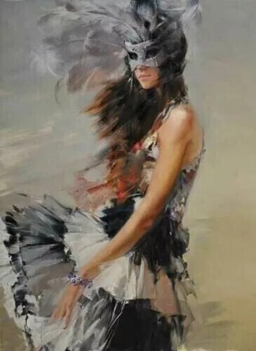 MQ674 Stretched Canvas Frame /Unframed Handmade Lady Wearing a Mask Oil Painting gallery