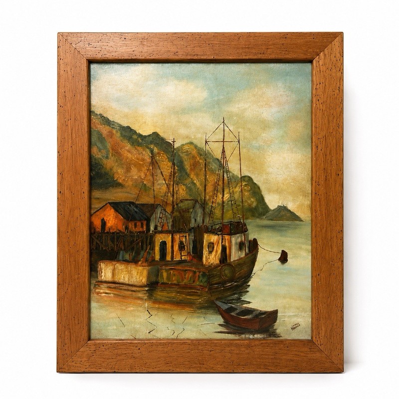 Vintage Harbor Fishing Boat Coastal Seascape Framed Painting Signed 19.5×23.5