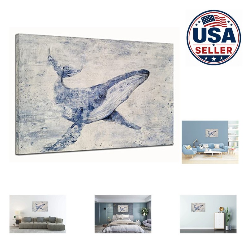 Hand Painted Fish Canvas Wall Art 20×28 Inch Blue White Abstract Animal Decor