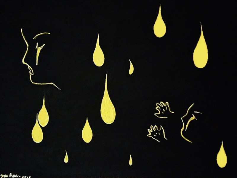 PAINTING, ‘APRIL 1945’, ON PAPER, BLACK WATER COLOR/18K GOLD PAINT, FREE SHIP