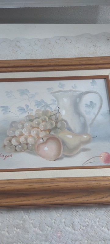 Original Oil Painting Signed Bazas Still Life of Apple Pear Grapes Pitcher 70s gallery