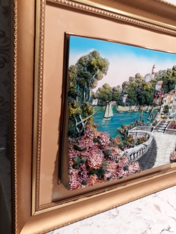 3D Embellished Ceramic Painting Canvas Coastal Portofino Framed 20x24" Vintage gallery