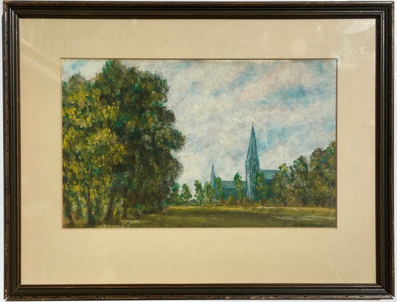 Fine Original Vintage Realism Landscape Oil Painting Church Cathedral Monastery