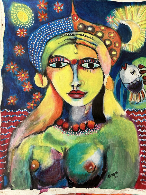Terry Strauss Abstract Painting of a Woman with a Fish, Moon, Sun, Signed 1996