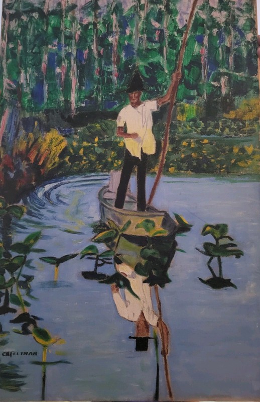 Reproduction – The image is a painting titled Red Boat (Imaginary Boys)
