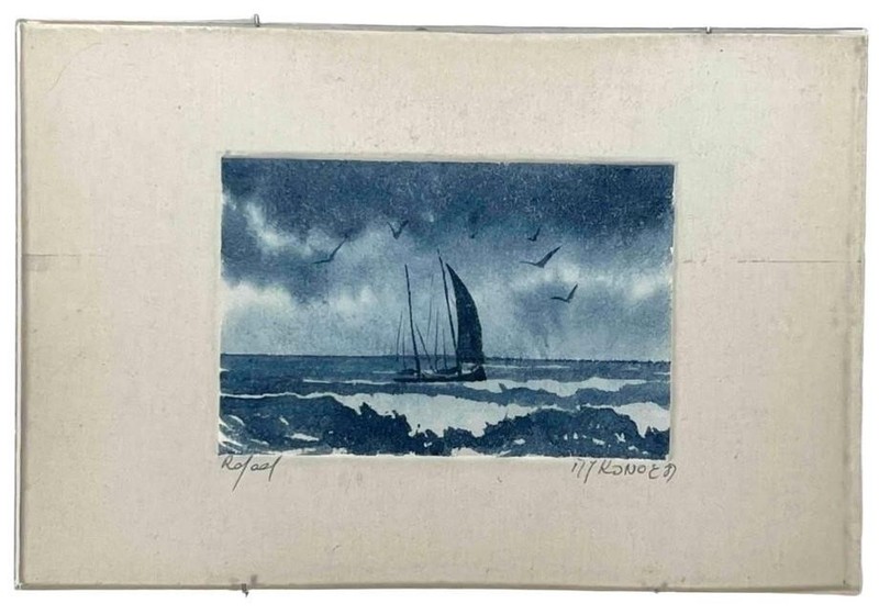 Vtg Rafael Miniature Micro Watercolor Painting of Sailboat Mykonos Island Greece