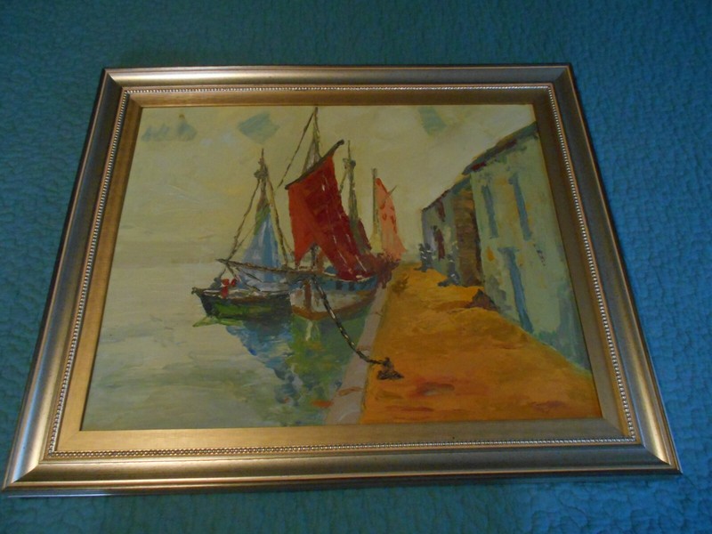 ***KAREN KERSTEN*** ORIGINAL PAINTING/ SBA VERSO/ "BOATS MOORED AT A DOCK" gallery