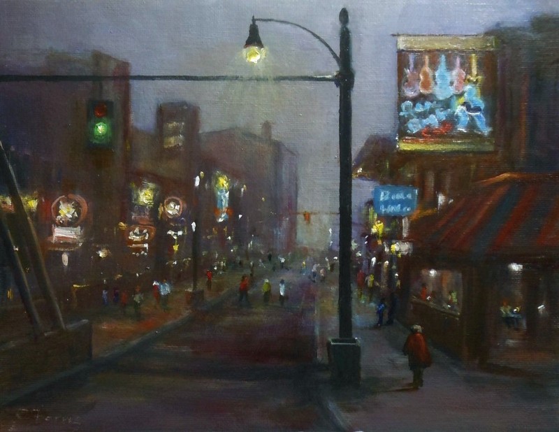 Beale St Memphis TN oil painting by Celene Farris Virtual Hike blues jazz night