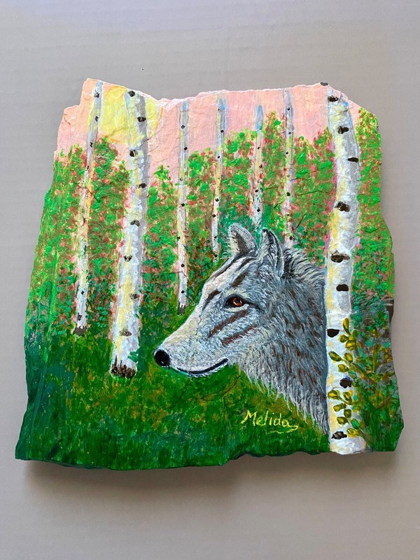 Wolf In Aspens Painting Hand Painted Wildlife Painting Wolf Art Gift for Her/Him