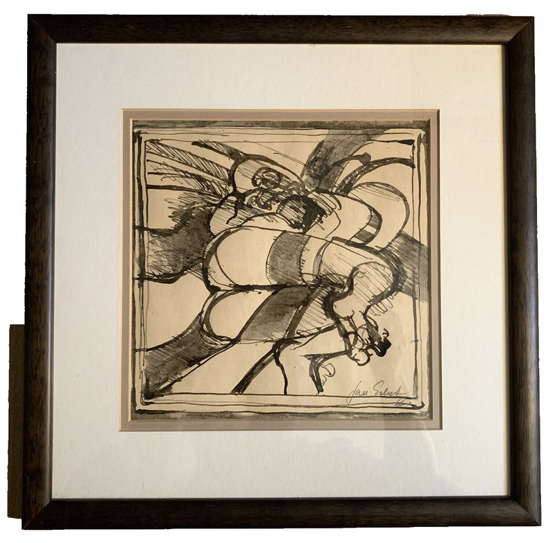 Ink Painting on Paper Reclining Woman Signed Double Matted Wood Frames Set of 2